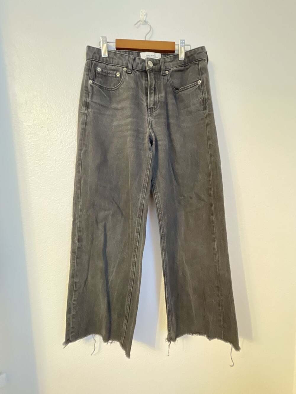 Zara Woman Premium Denim Collection High Rise Wide Leg Raw Hem Jeans